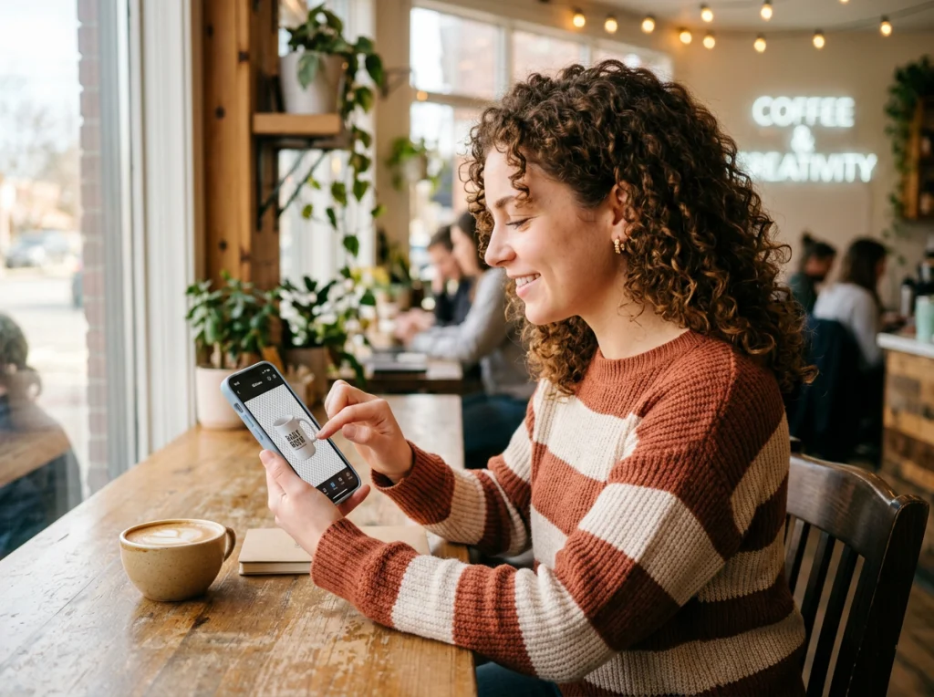 Young woman in her 20s with curly hair holding smartphone, using background eraser app on a product photo, sitting in a bright coffee shop, natural daylight through large windows, medium shot from side angle, lifestyle mobile photography, warm tones
