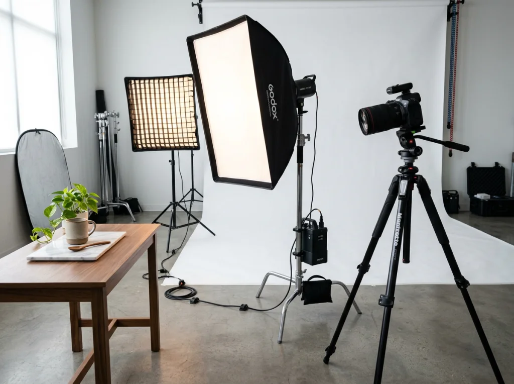 Professional photography setup with white backdrop, camera on tripod, softbox lighting equipment, clean studio environment, side angle view, commercial photography style, sharp focus