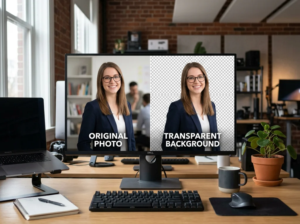 Split-screen comparison showing original photo on left and transparent background version on right, both displayed on a computer monitor, professional workspace setting, balanced studio lighting, side-by-side comparison photography style