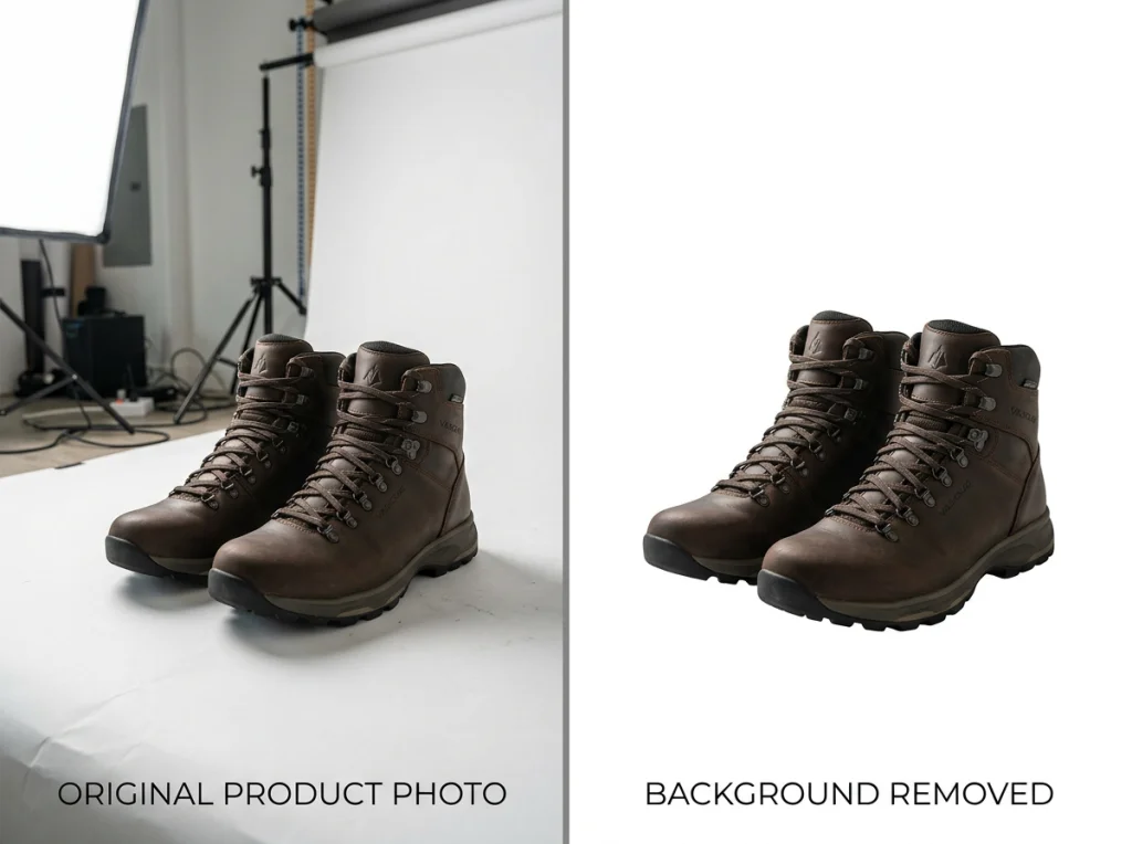 Split screen comparison showing original product photo on left and background removed version on right, e-commerce product photography setup with white backdrop, professional studio lighting, straight-on product shot, commercial photography style