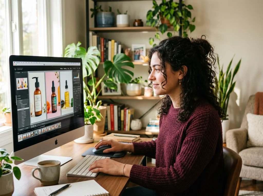 Woman in her 20s with curly hair, burgundy sweater, focused expression editing product photos on desktop computer, modern home office with plants, afternoon natural light, eye-level medium shot, lifestyle photography, shallow depth of field