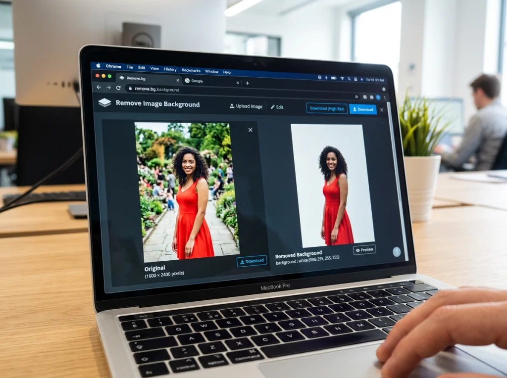 Close-up of laptop screen showing Remove.bg interface with before-after photo of woman in red dress, clean white background removal result, bright office lighting from above, screen capture style, editorial tech photography
