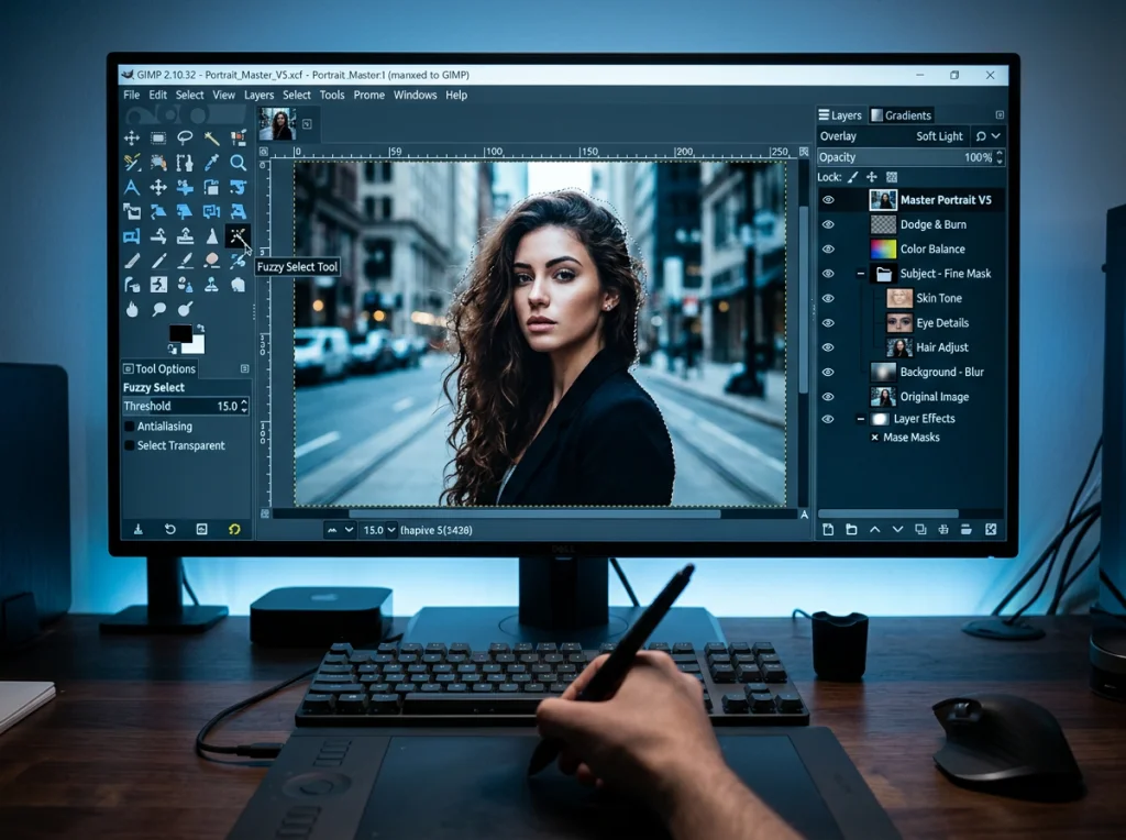 Computer screen showing GIMP software interface with complex layer panel and selection tools, professional photo editing setup with graphics tablet, cool blue monitor light, close-up technical shot, software photography, crisp details
