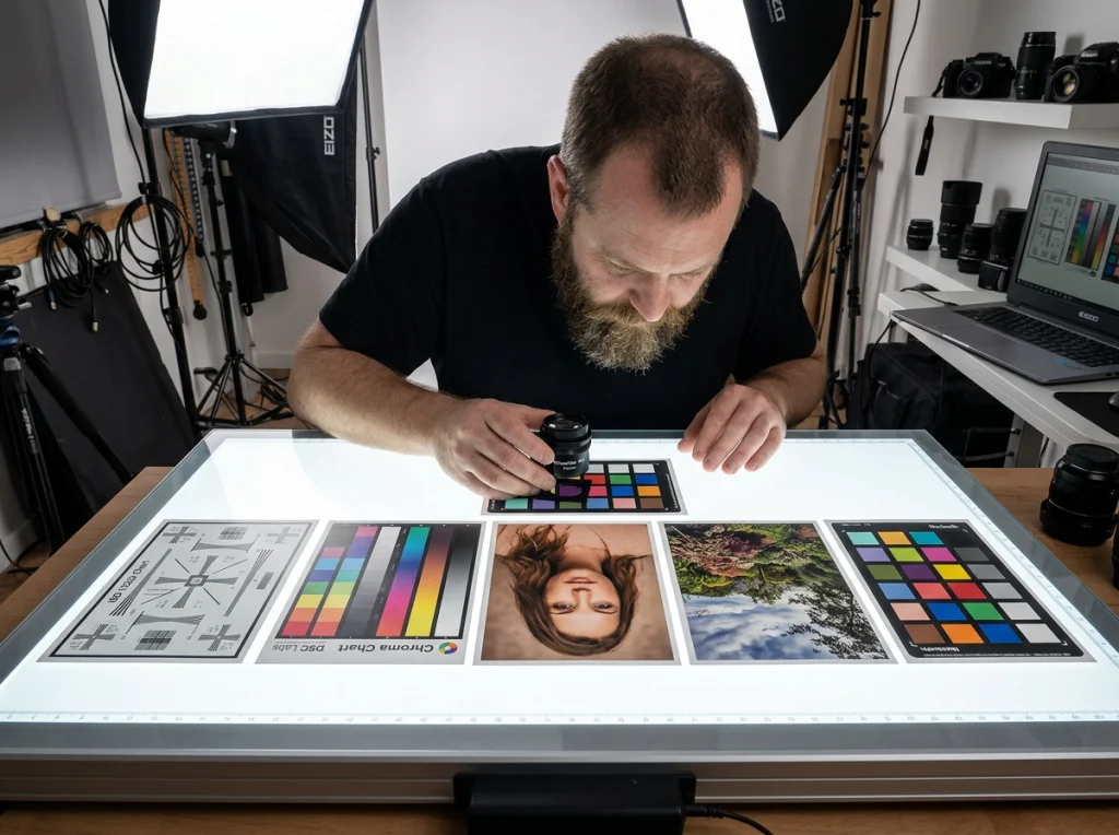 Professional photography setup showing five different test images laid out on light table, photographer with beard wearing black shirt examining results with magnifying loupe, bright studio lighting from softboxes, overhead flat-lay perspective, technical documentation photography, everything in sharp focus
