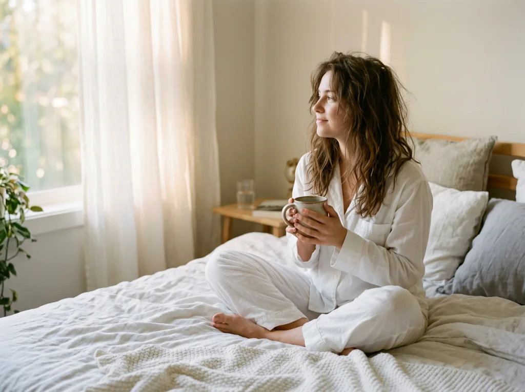 Young woman in white cotton pajamas with messy brown hair, sitting cross-legged on rumpled white bedsheets, holding a ceramic coffee mug with both hands, soft morning sunlight filtering through sheer white curtains, peaceful expression looking toward window, intimate lifestyle photography, soft dreamy lighting