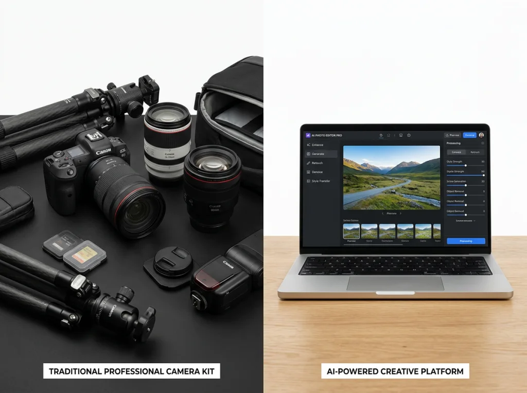 Comparación lado a lado mostrando equipo fotográfico caro a la izquierda y laptop con interfaz de IA a la derecha, fondo blanco limpio, iluminación uniforme de estudio, estilo de fotografía comparativa de producto