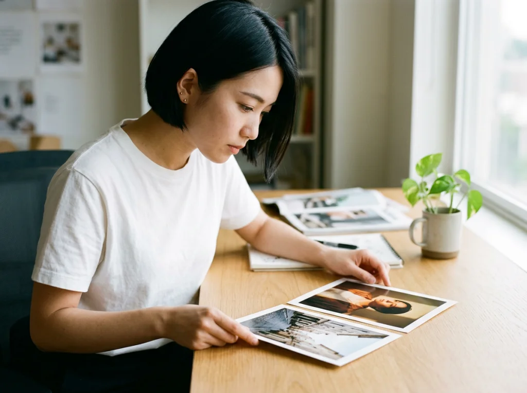 Young woman designer in her 20s with short black hair, wearing casual white t-shirt, focused expression while comparing two printed photos side by side on a clean white desk, natural window light from the right, close-up shot at f/2.8, editorial photography