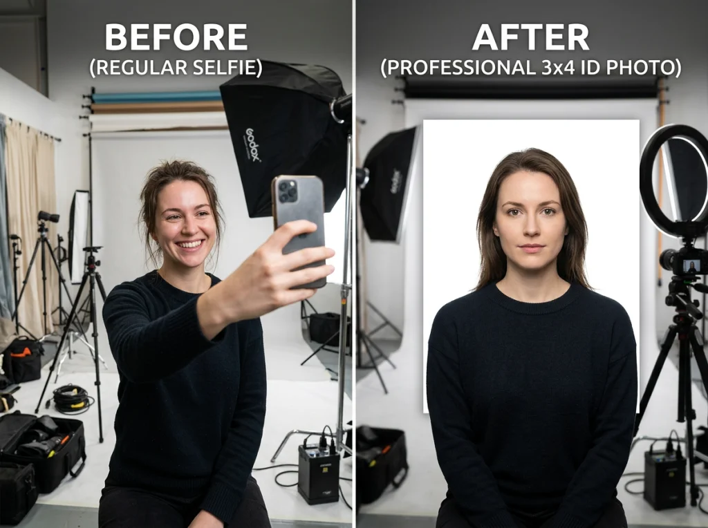 Before and after comparison showing regular selfie transformed into professional 3x4 ID photo with white background, split screen layout, studio lighting setup visible, medium shot perspective, commercial photography, crisp detail