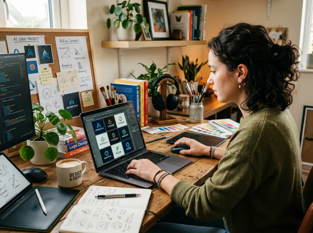 Creative workspace with laptop open showing various AI-generated logo designs on screen, designer