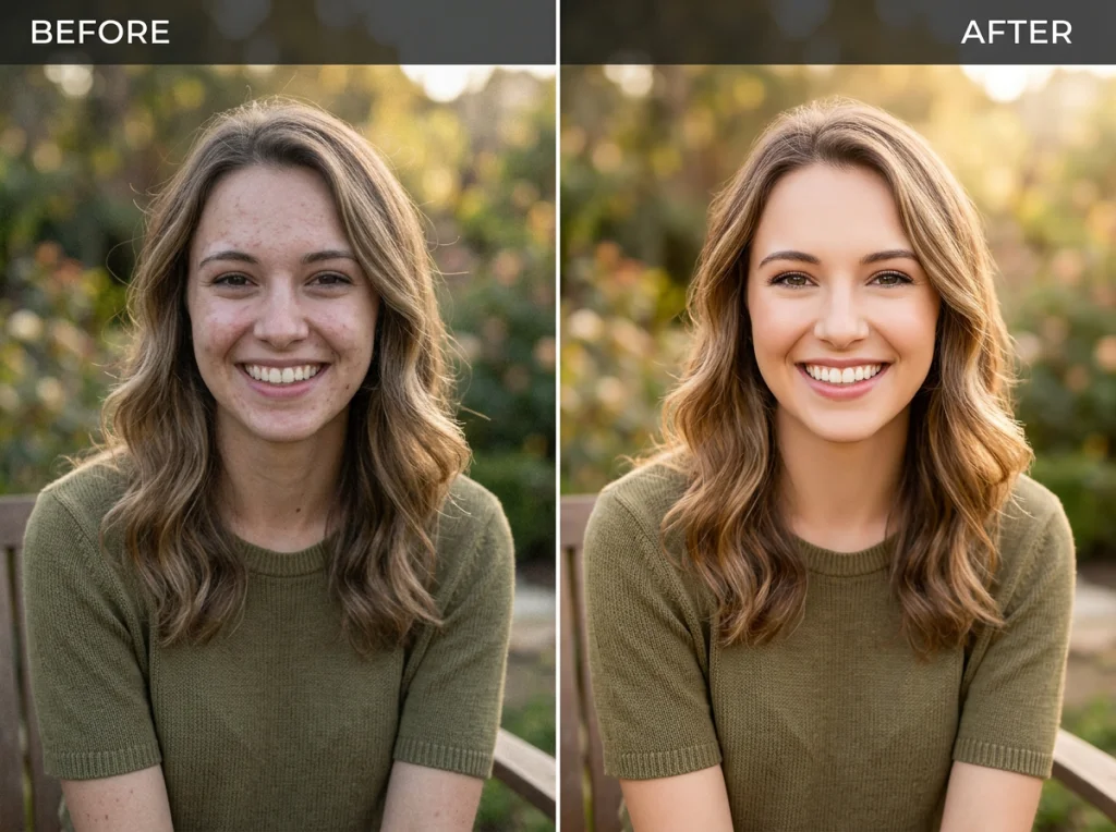 Before and after comparison of portrait photo enhancement showing dramatic quality improvement, split horizontally, woman in her 20s with natural smile, soft natural lighting, medium shot, professional photography style