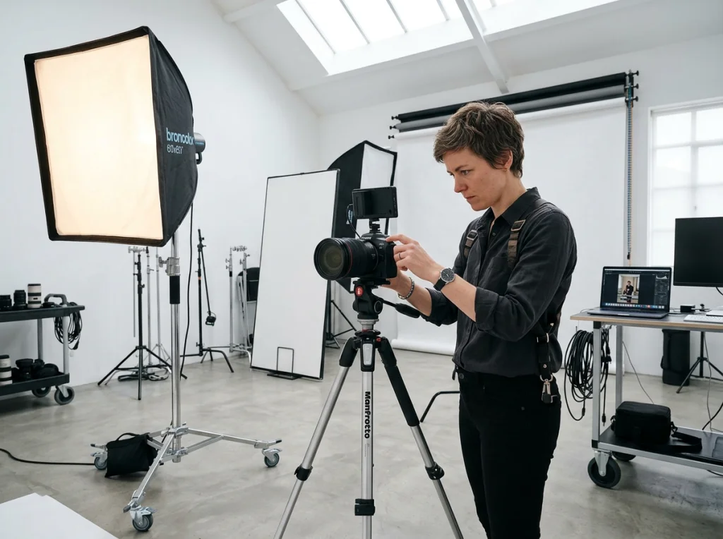 Professional photographer in their 30s with short brown hair, adjusting camera settings in a bright white photo studio with softboxes and reflectors, natural overhead lighting, eye-level wide shot, editorial commercial photography, sharp focus