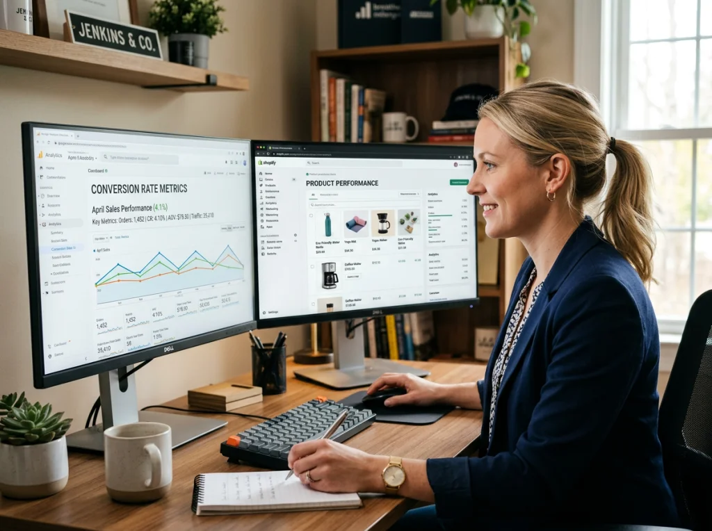 Propriétaire d’entreprise e-commerce dans la trentaine, cheveux blonds en queue de cheval, analysant les métriques de taux de conversion sur deux moniteurs, photos de produit visibles à l’écran, éclairage de bureau doux, plan moyen au niveau des yeux, photographie business, netteté sur les écrans