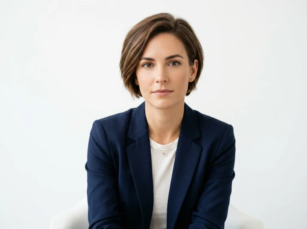 Young professional woman with short brown hair wearing navy blue blazer, looking directly at camera with neutral expression, sitting against white studio background, soft even lighting from front, headshot at f/2.8, professional portrait photography, clean background