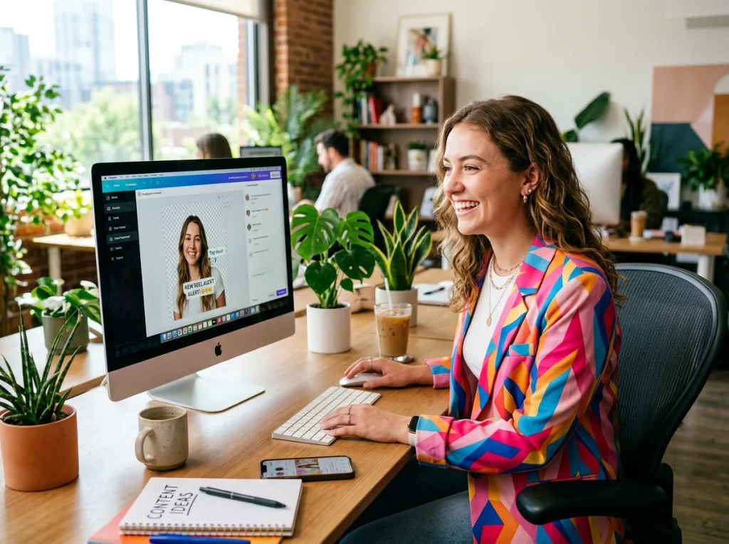 Social media manager in her mid-20s, colorful blazer, excited expression, creating Instagram post on computer with background removed portrait, modern office with plants, natural window light, eye-level medium shot, lifestyle photography