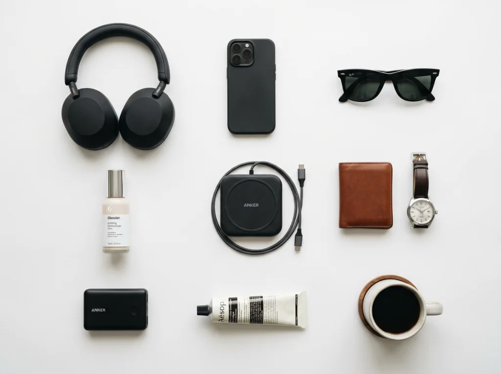 Flat lay of various products on white background including headphones, smartphone, cosmetics bottle, sunglasses arranged in grid layout, soft overhead lighting, clean product photography style