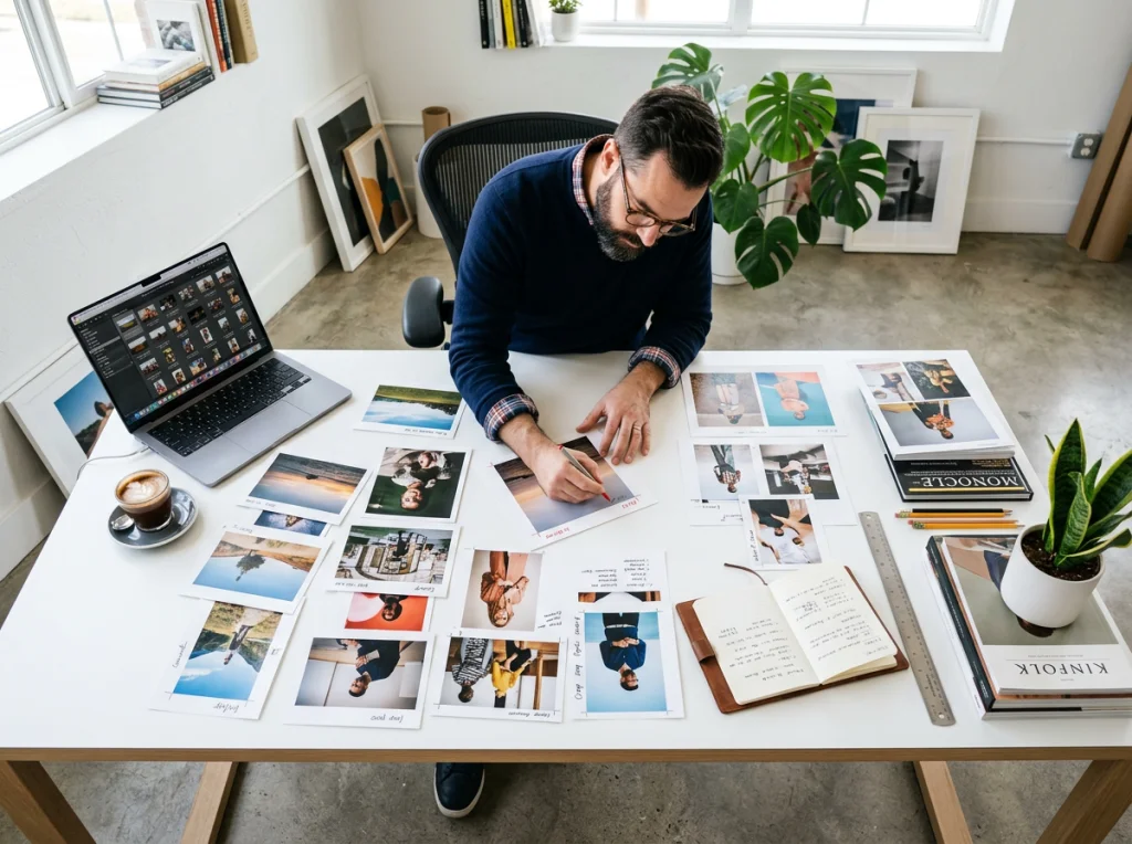 Creative director in his 40s with beard and glasses, reviewing printed photos spread across large white desk, laptop and coffee cup nearby, bright studio space with white walls and plants, overhead shot showing workspace organization, editorial workplace photography