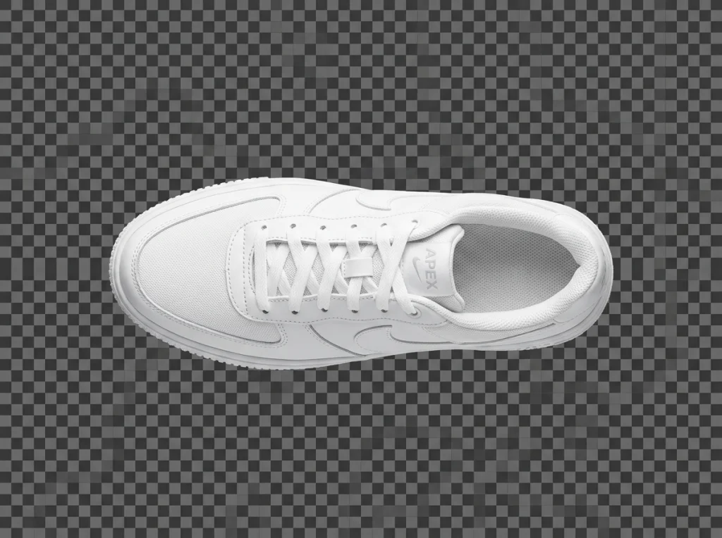 E-commerce product photo of a white sneaker floating against a transparent background, studio lighting setup with softboxes, overhead flat-lay angle, commercial product photography, crisp and clean aesthetic