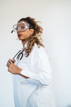 Female doctor wearing safety goggles and stethoscope, portraying professionalism.