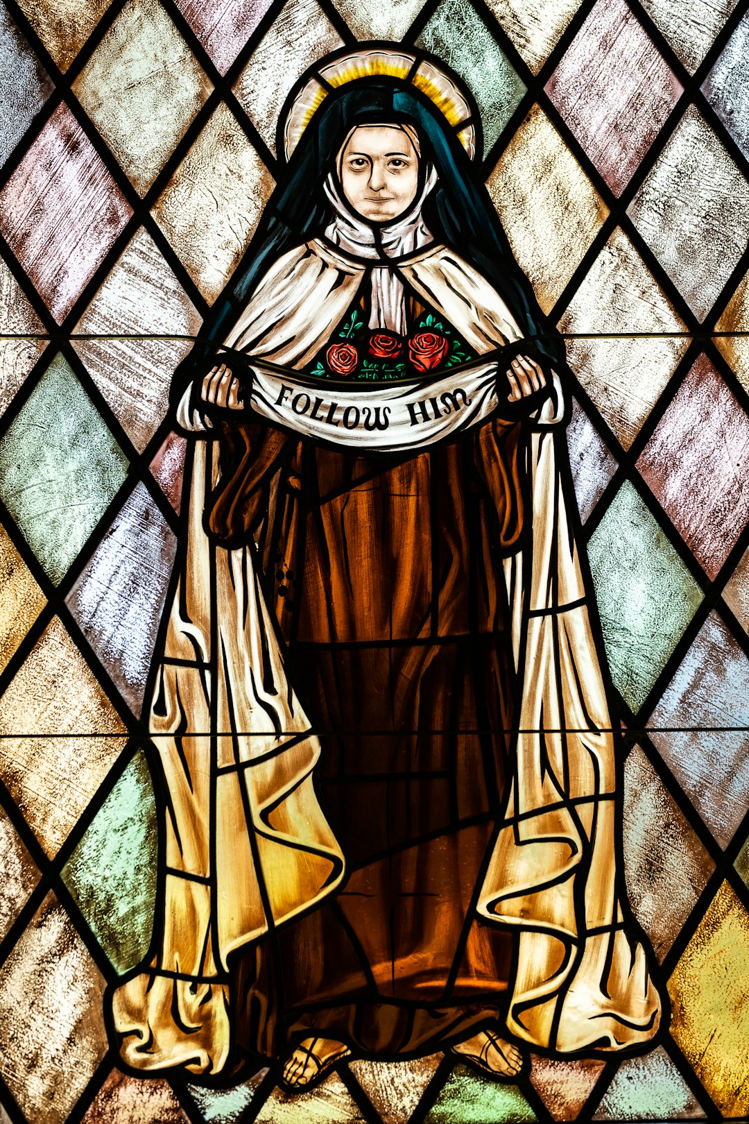 A stained glass window of St. Therese of Lisieux at St. Therese of Lisieux R.C. Church in Montauk, NY